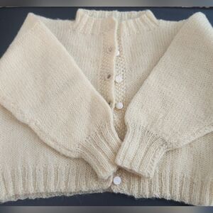 Vtg Handknit Yellow Wool Baby Cardigan w/ Pearl Buttons 3-6mos